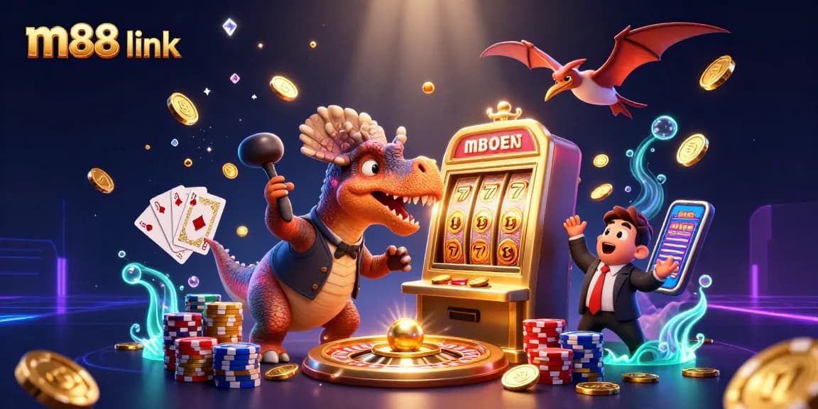 Experience thrilling wins with m88 link, as dinosaurs collide with golden jackpots in this exciting casino scene.