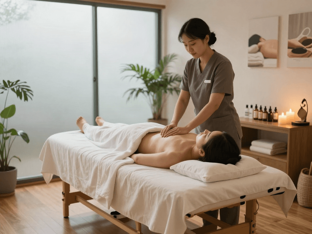 Relaxing 종로출장마사지 therapy session in a peaceful modern studio with soft lighting.