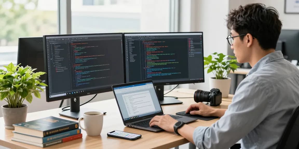 Download WPS Office in a modern workspace, showcasing dual monitors and a vibrant tech atmosphere.