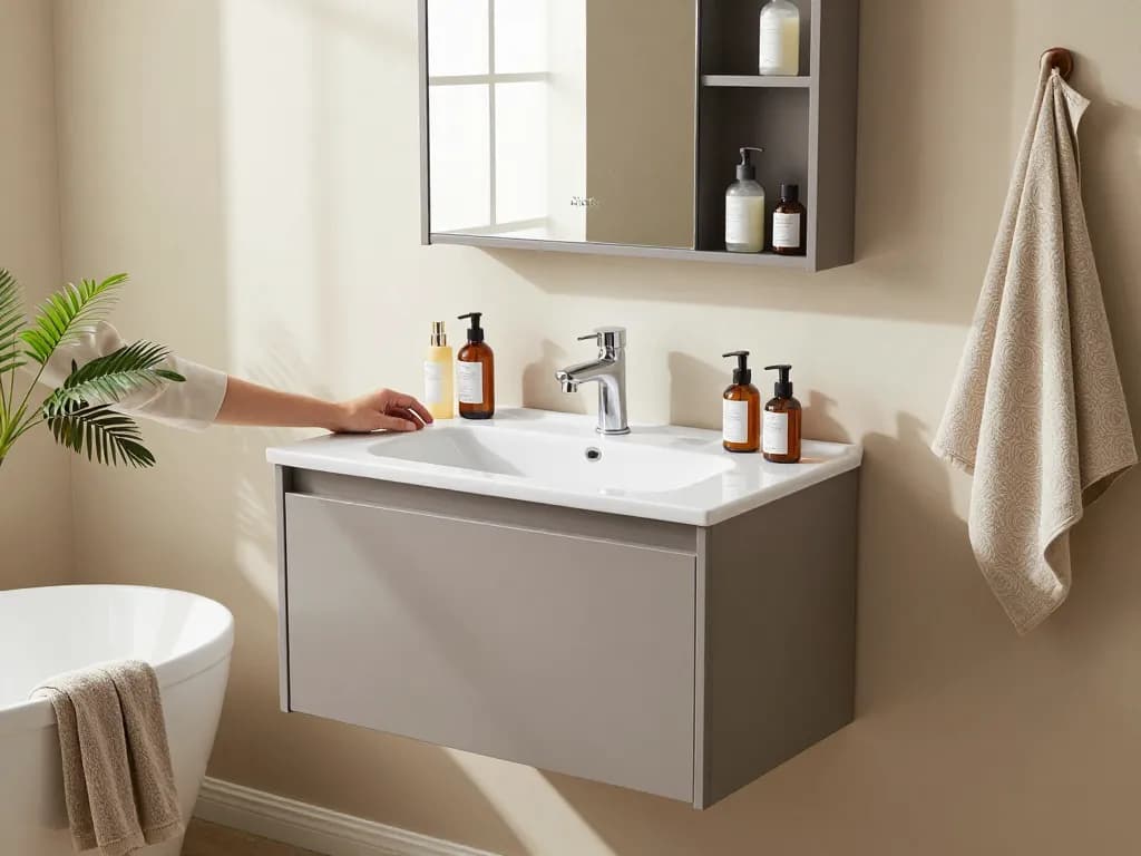 Vixx Badkamers ondiep badkamermeubilair in een moderne, georganiseerde setting met elegante decoratie.
