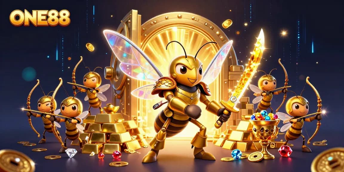 Engage in thrilling slots at ONE88 while surrounded by vibrant casino elements and enchanting characters.