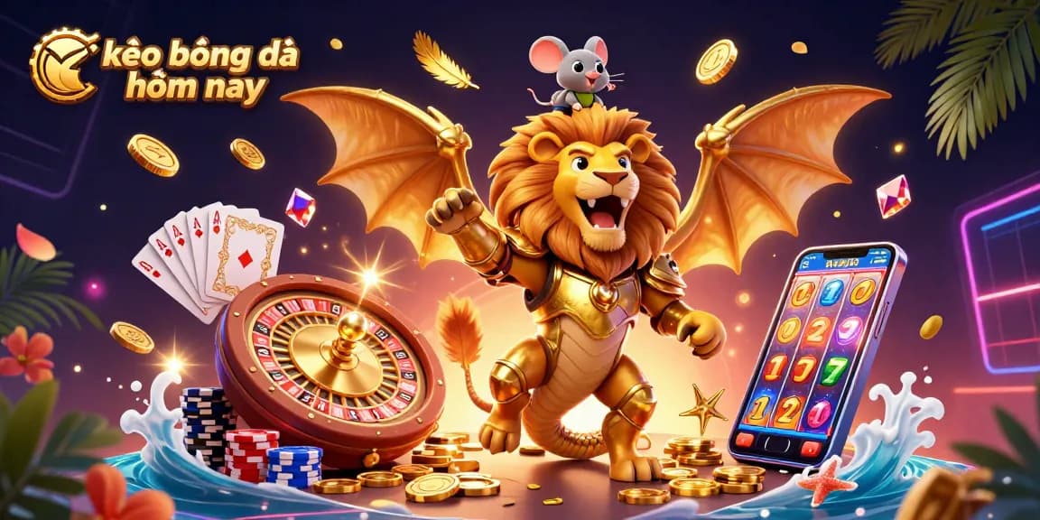 Experience thrilling excitement with kèo bóng đá hôm nay, featuring a roaring chimera and dynamic casino elements flying around.