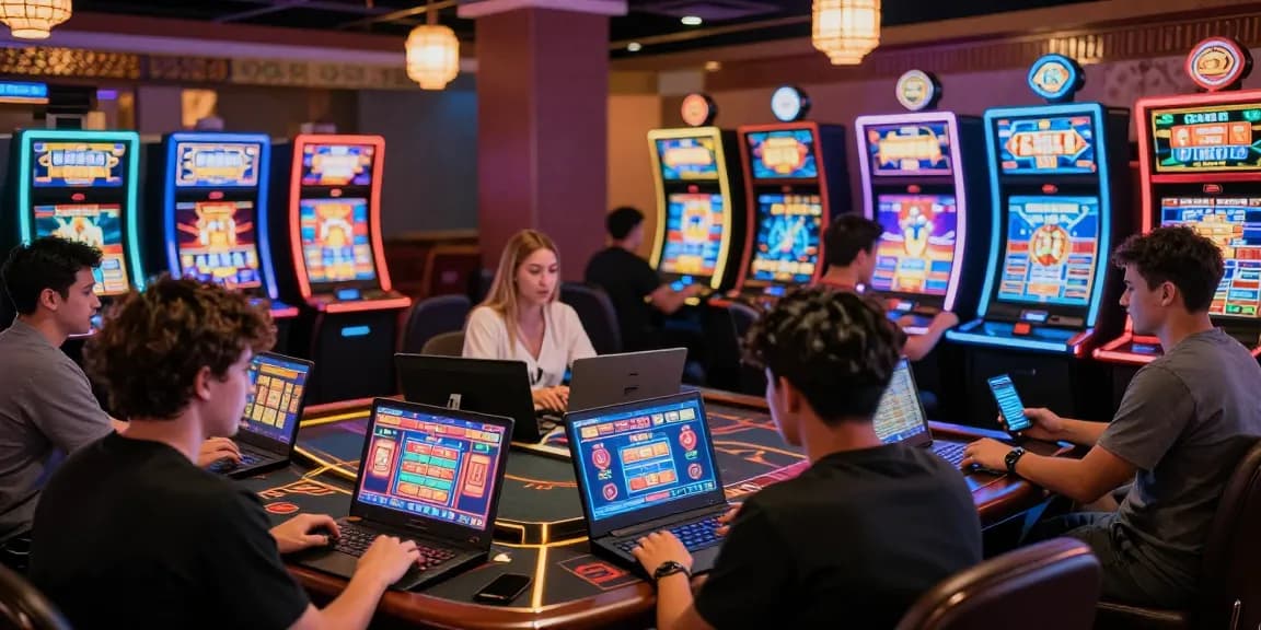 Pengalaman bermain slot gacor di kasino online dengan pemain yang antusias, layar penuh warna dan suasana menyenangkan.