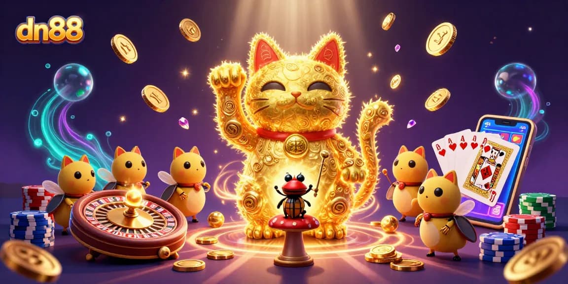 Witness the vibrant dn88 gameplay with a glowing lucky cat and dynamic casino symbols