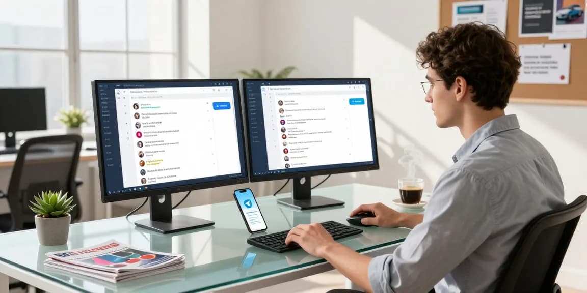 Download Telegram interface displayed on dual monitors in a modern workspace with coffee and tech elements.