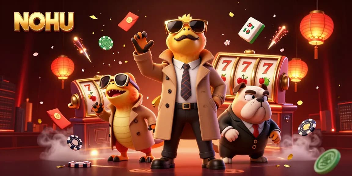 NOHU raptors in a trench coat entering a VIP casino lounge packed with vibrant gaming symbols.