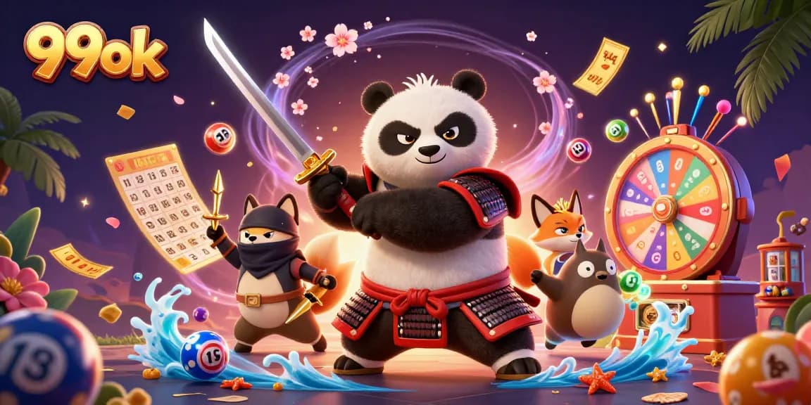 Engage with 99ok's vibrant gaming world featuring a samurai panda and ninja fox amidst an explosion of colorful lottery elements.