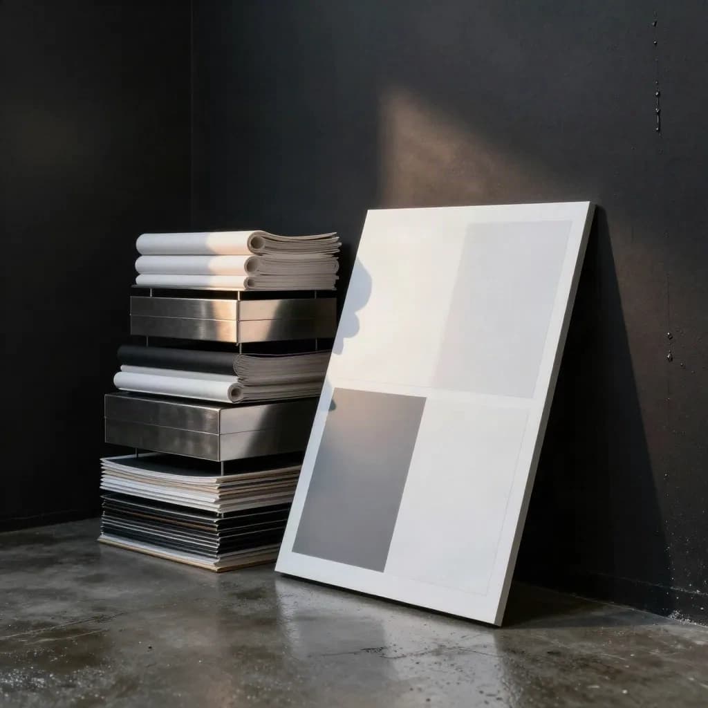Monochrome brandstudio met sampleborden, staal en papieren maquettes in nat, dramatisch licht.