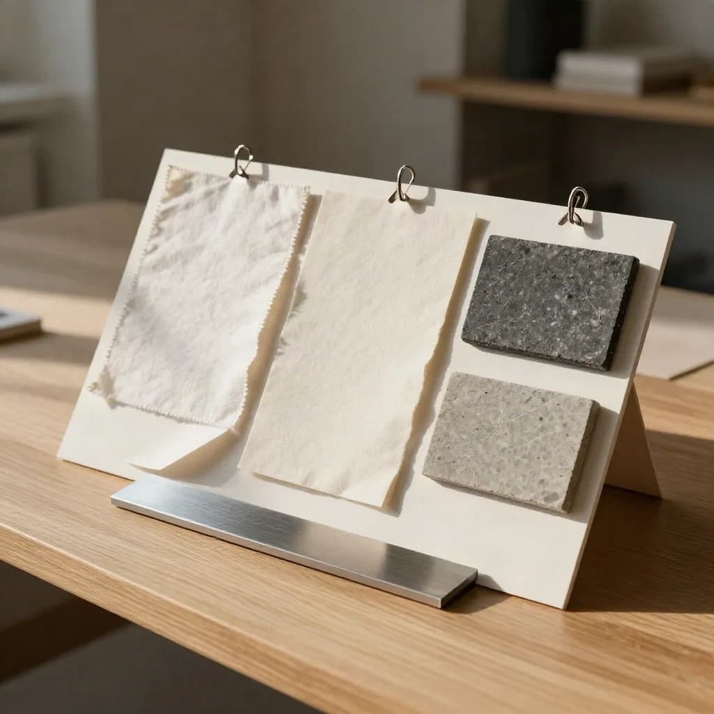 Moodboard voor merkstrategie met prints, stofstalen en steensamples op een houten werkblad.