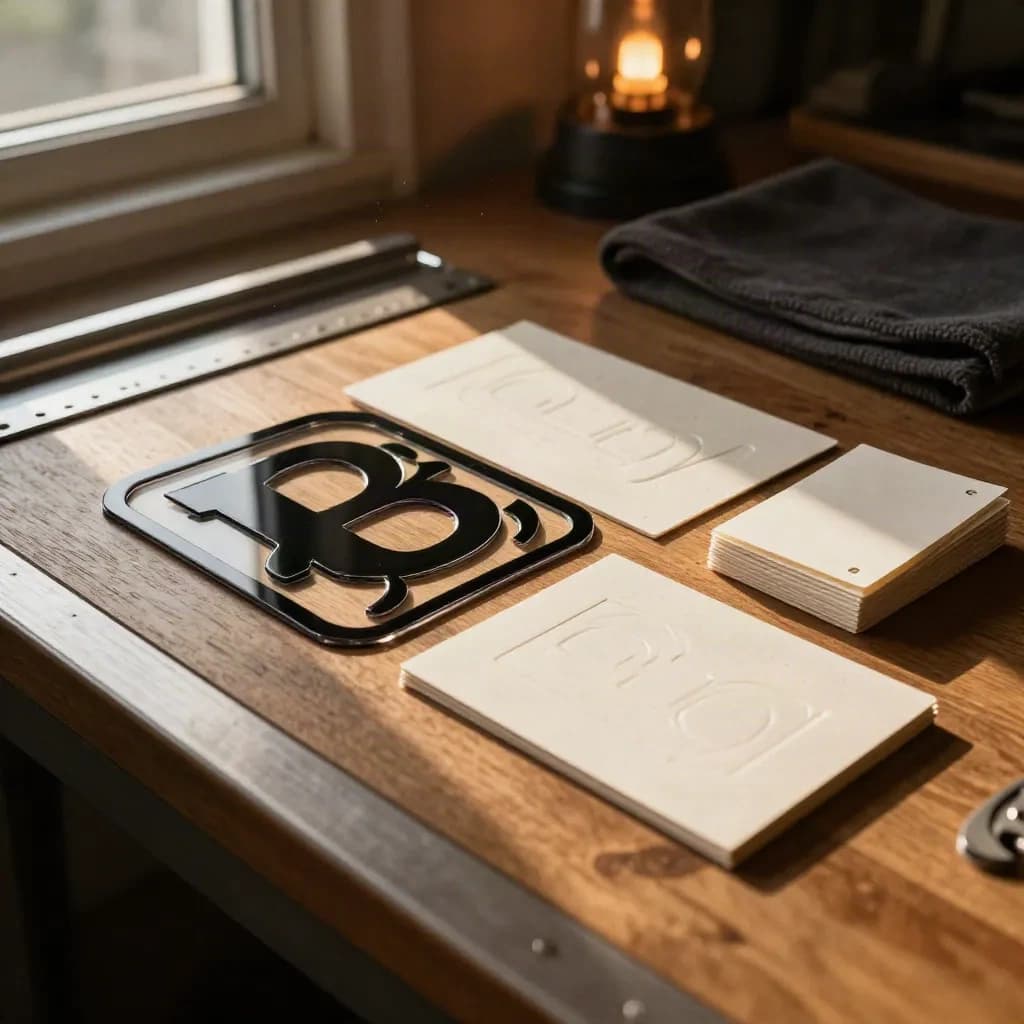 Die-cut zwarte logo’s en proefkaarten op een houten werkbank in warm late afternoon licht.