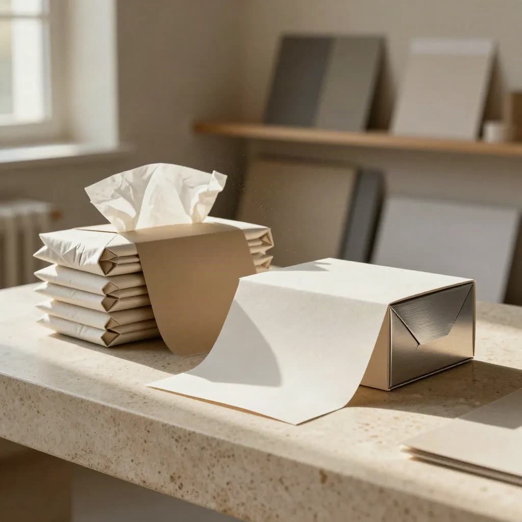 Verpakkingsproeven met dozen, sleeves en tissue op een stenen sokkel in warm daglicht.