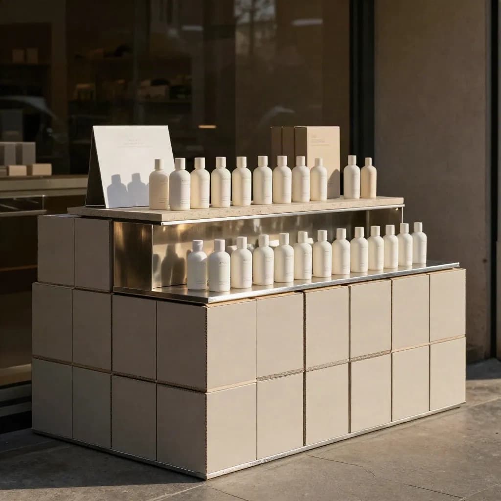 Strakke launchdisplay met cartons, zilveren accenten en productrijen in een stille winkel.