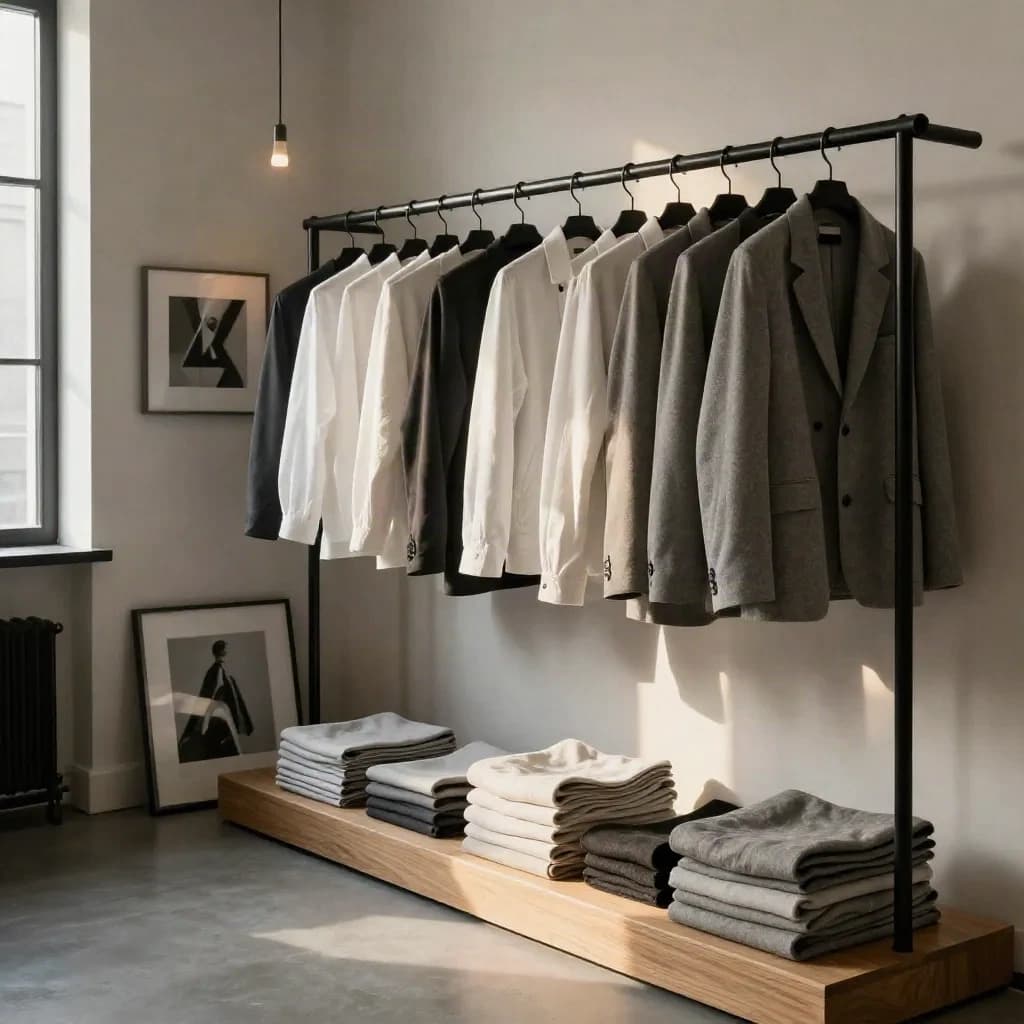 Atelierhoek met monochrome kledingrekken, lookbookprints en opgevouwen stoffen in zacht warm licht.