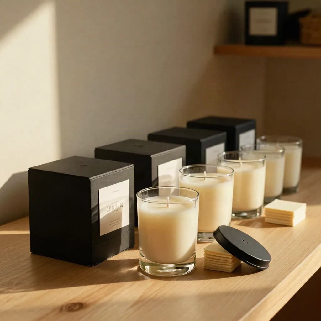 Kaarsenboxen, sleeves en glazen potten in warme opstelling met zachte lichtval.