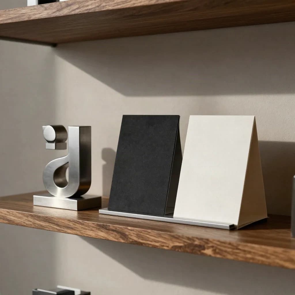 Minimalistische brandschap met zilveren logo-object, verpakkingen en displayplint.