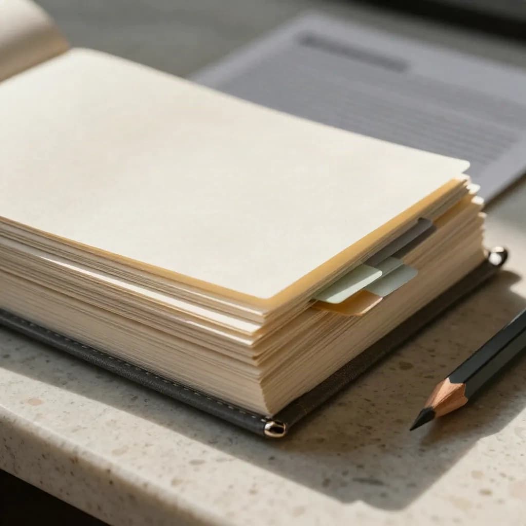 Macro van briefingkaarten, tabs, gesloten notitieboek en potloodstomp op travertin.