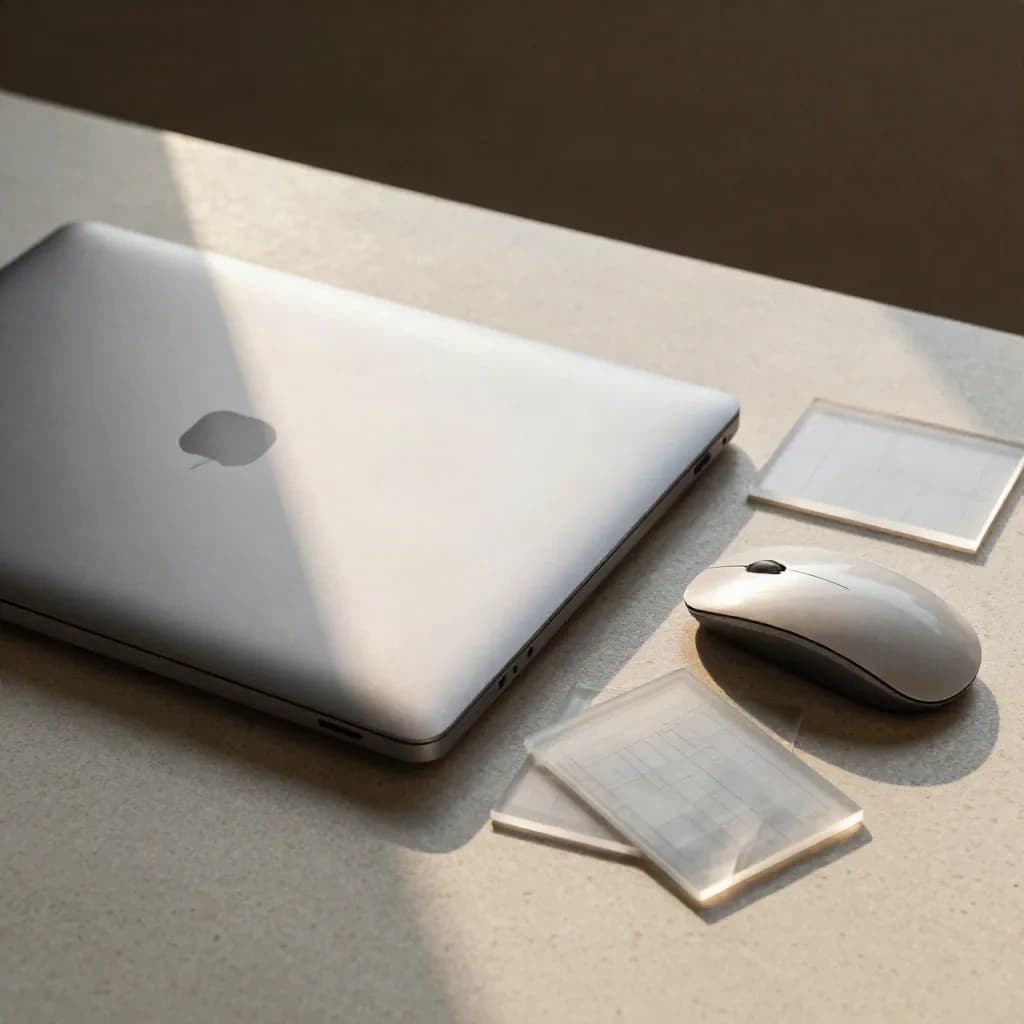 Gesloten laptop met muis, rasterkaarten en frosted acryl op travertin, schuin van boven.