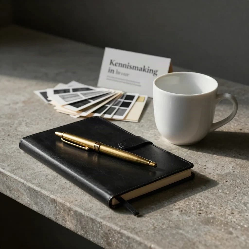 Zwart notitieboek, messing pen, swatch deck en witte kop op stenen plank.