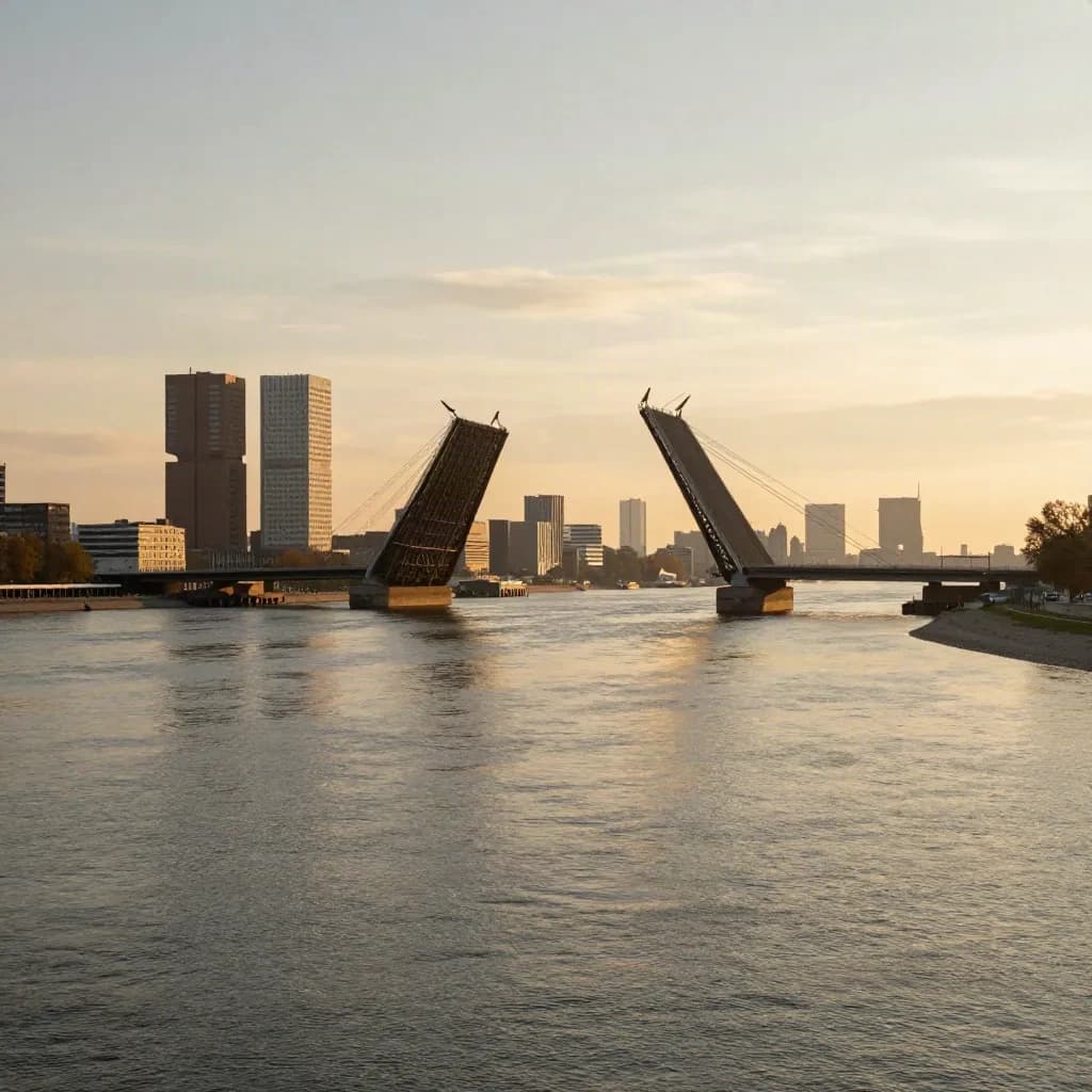 Rotterdam skyline en Erasmusbrug boven een mistige rivier in gouden avondlicht.