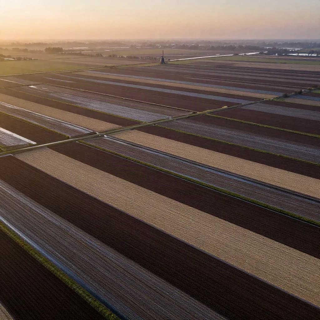 Luchtfoto van poldervelden met sloten en een verre windmolen in warme avondmist