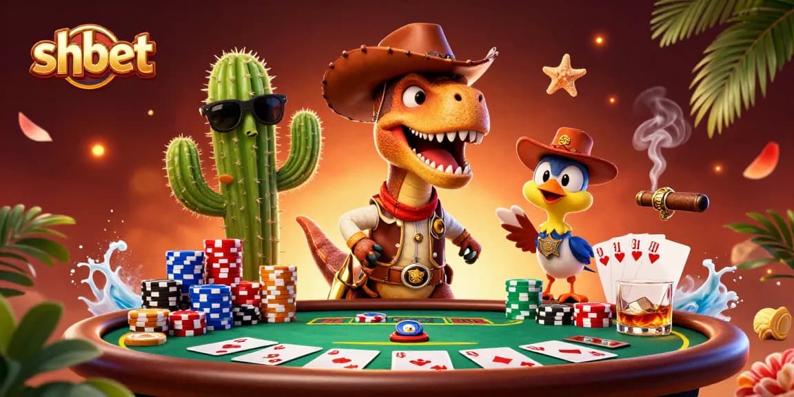 Experience the thrill of shbet gaming at a lively poker table with unique characters.