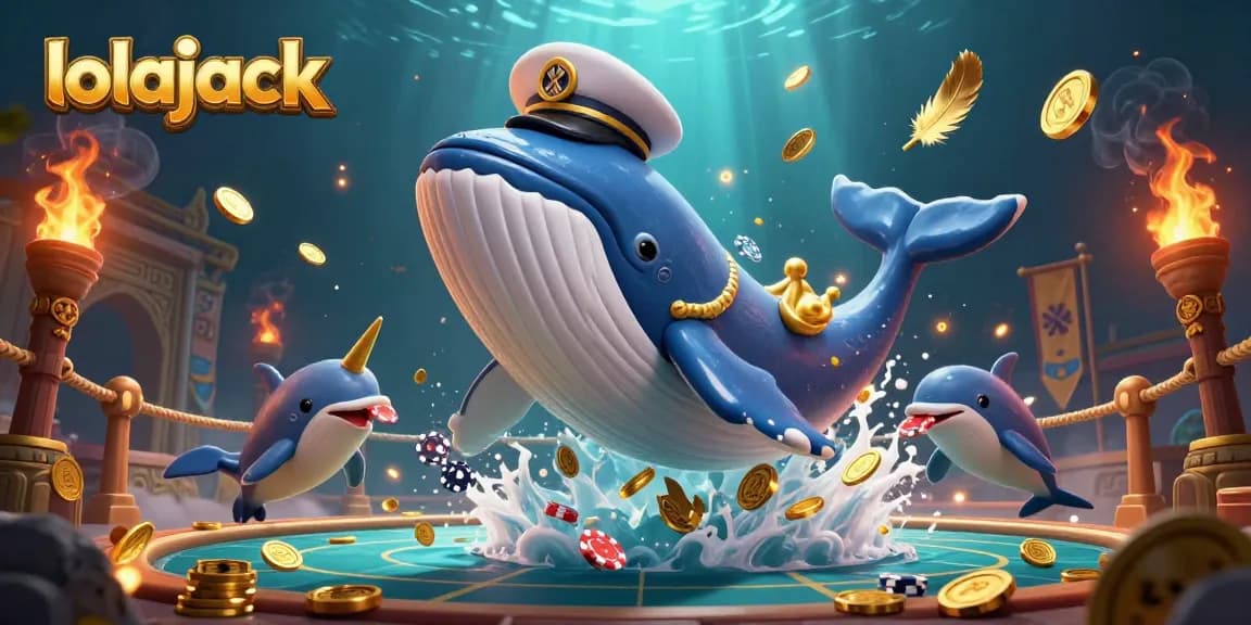 Experience thrill and excitement at lolajack casino with a vibrant underwater scene filled with playful whales and poker chips.