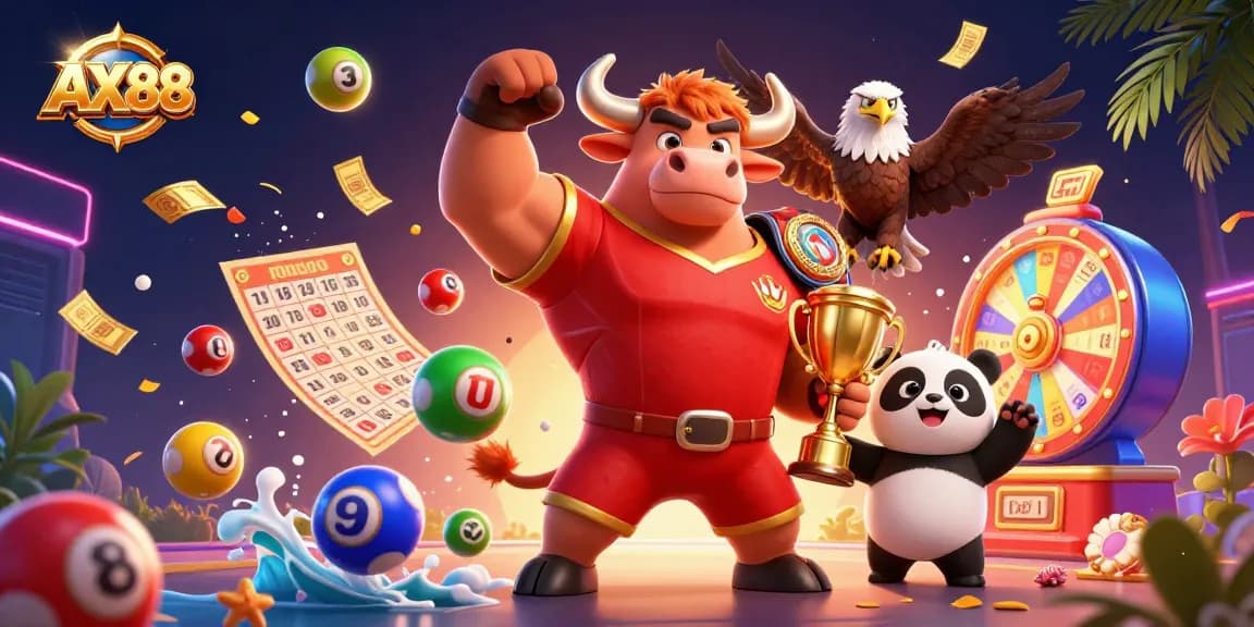 AX88 showcases a victorious bull mascot with an eagle and panda amidst dynamic lottery elements.