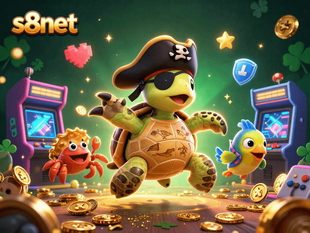 Engage with the vibrant gaming world at s8net featuring a pirate turtle and colorful casino elements.
