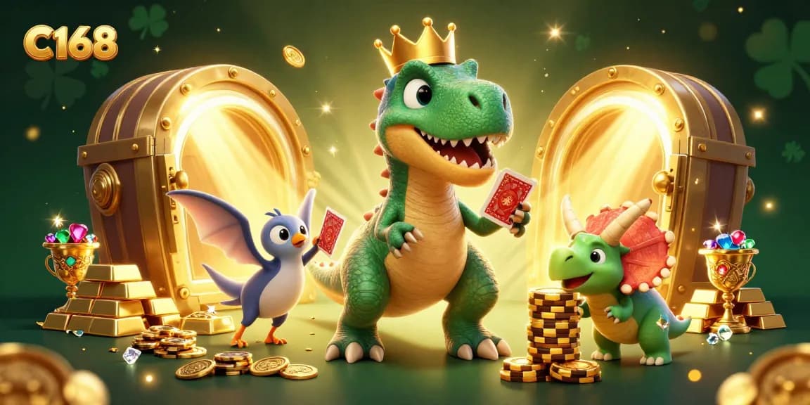 C168 players enjoying a dynamic casino game environment with friendly dinosaurs and treasure.