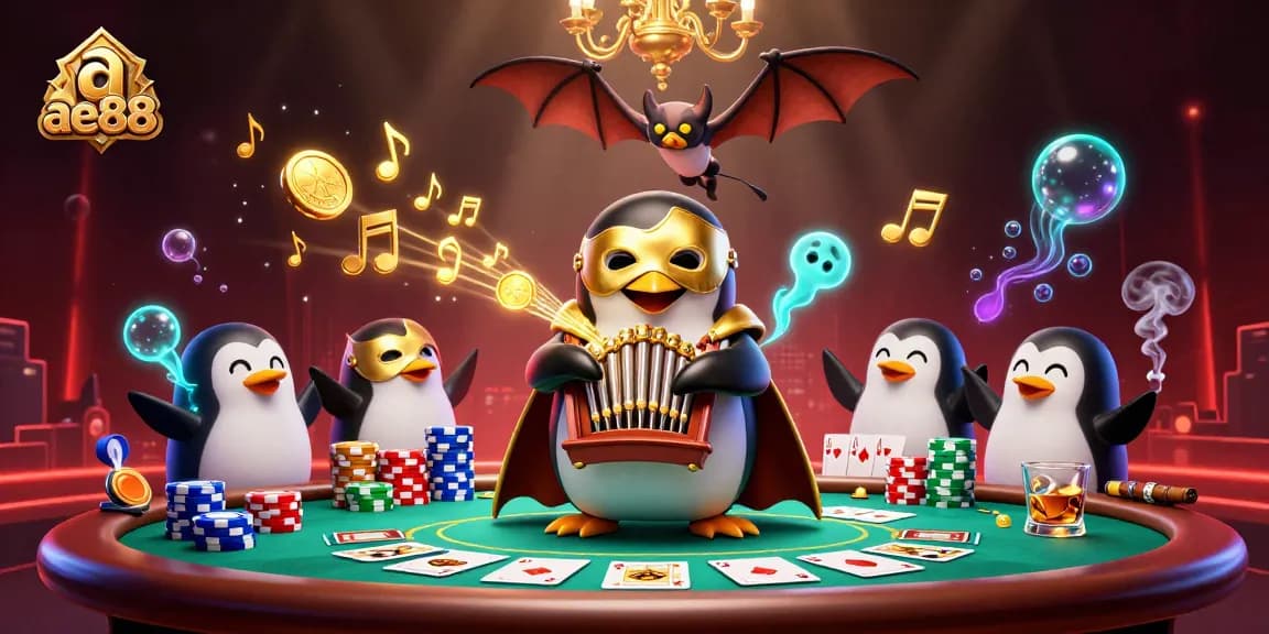 Experience the thrill of ae888 with a penguin playing for winnings amid vibrant casino elements