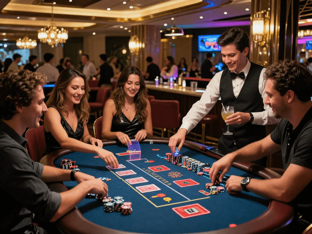 Gathering at nhà cái oxbet casino table with friends, celebrating wins.