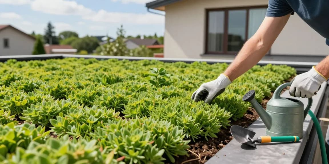 Gedetailleerd uitzicht op een sedumdak detail met bloeiende sedum planten, tuingereedschap en een heldere woonomgeving.