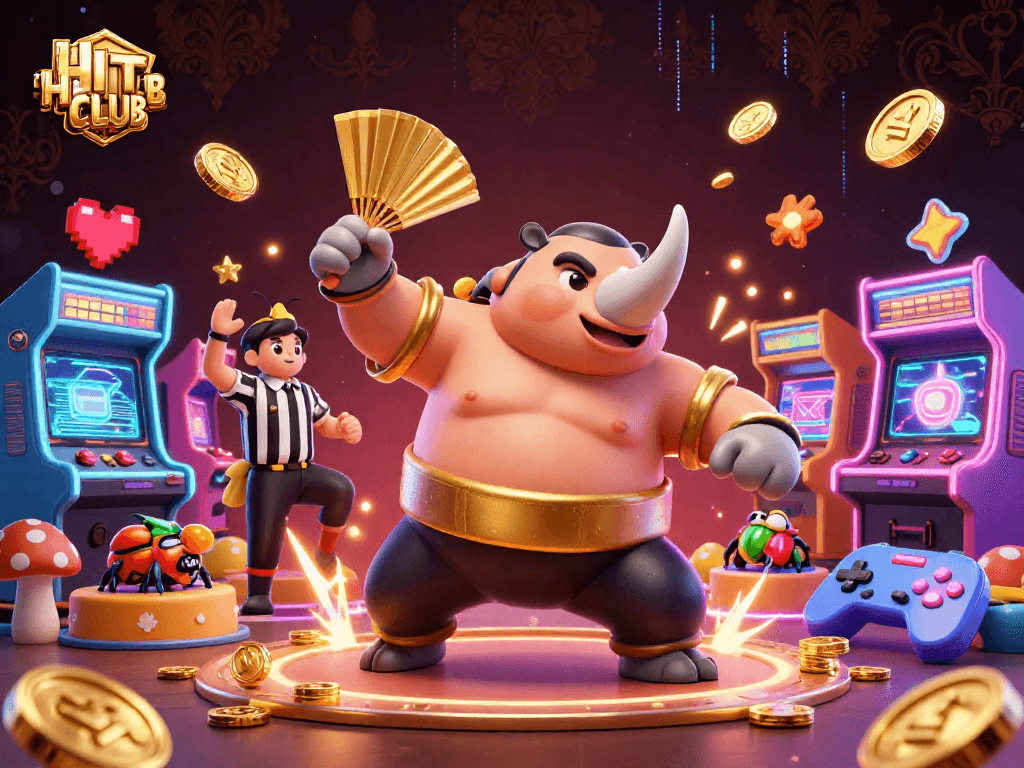 Engage with HITCLUB's vibrant gaming scene featuring a sumo champion beetle amidst dynamic arcade elements