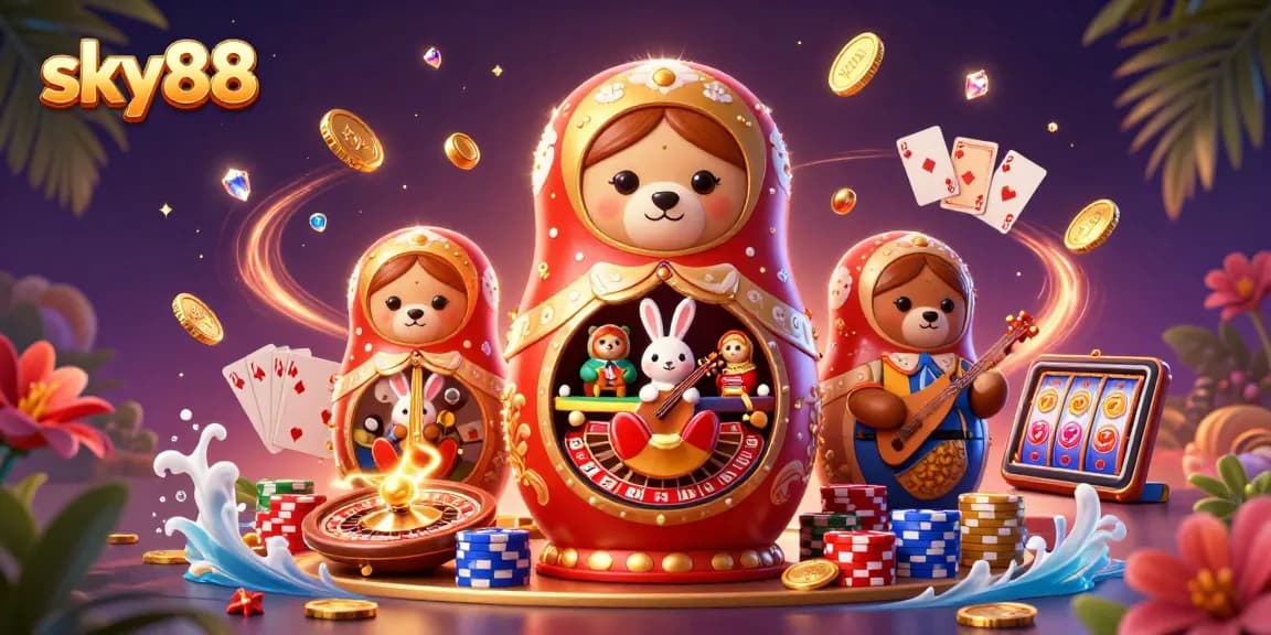 Experience thrilling gaming at sky88 with cartoon bears in casino outfits and cascading coins.