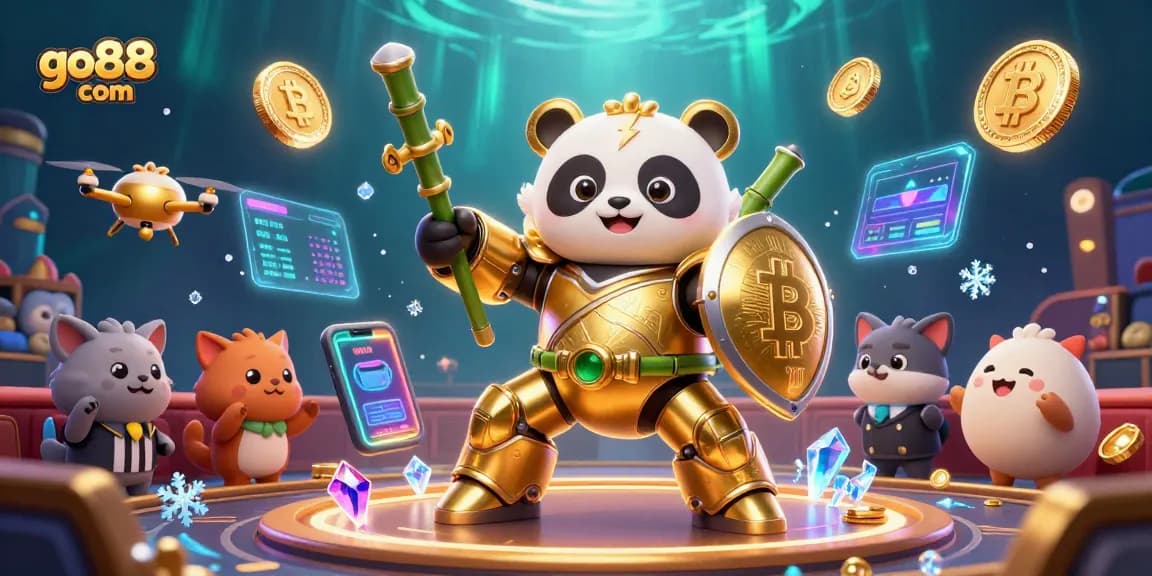 Engage with the vibrant world of go88 com's gambling, featuring golden panda and robot in action.