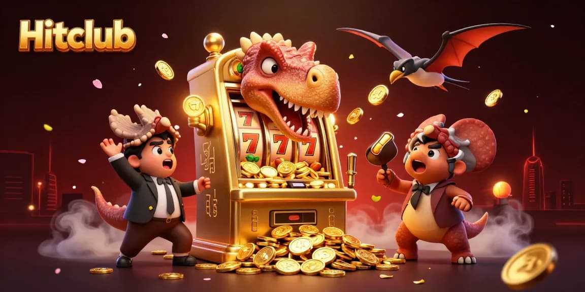 Hitclub characters celebrate a jackpot win as they interact with dynamic casino elements.