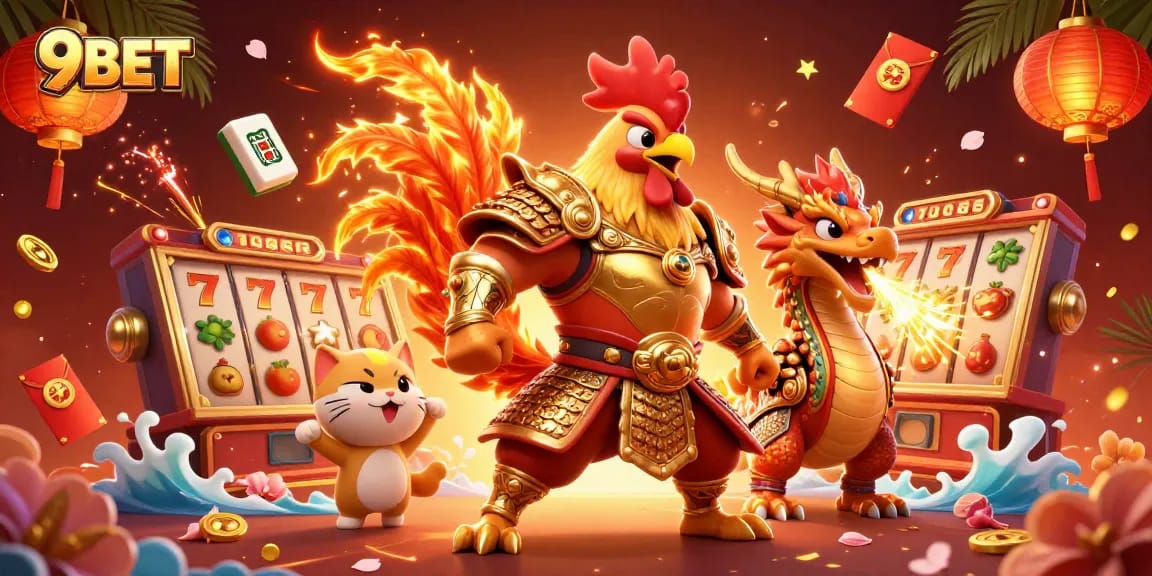 Engage in thrilling gameplay at 9BET with a dynamic scene of cartoon characters celebrating casino wins.