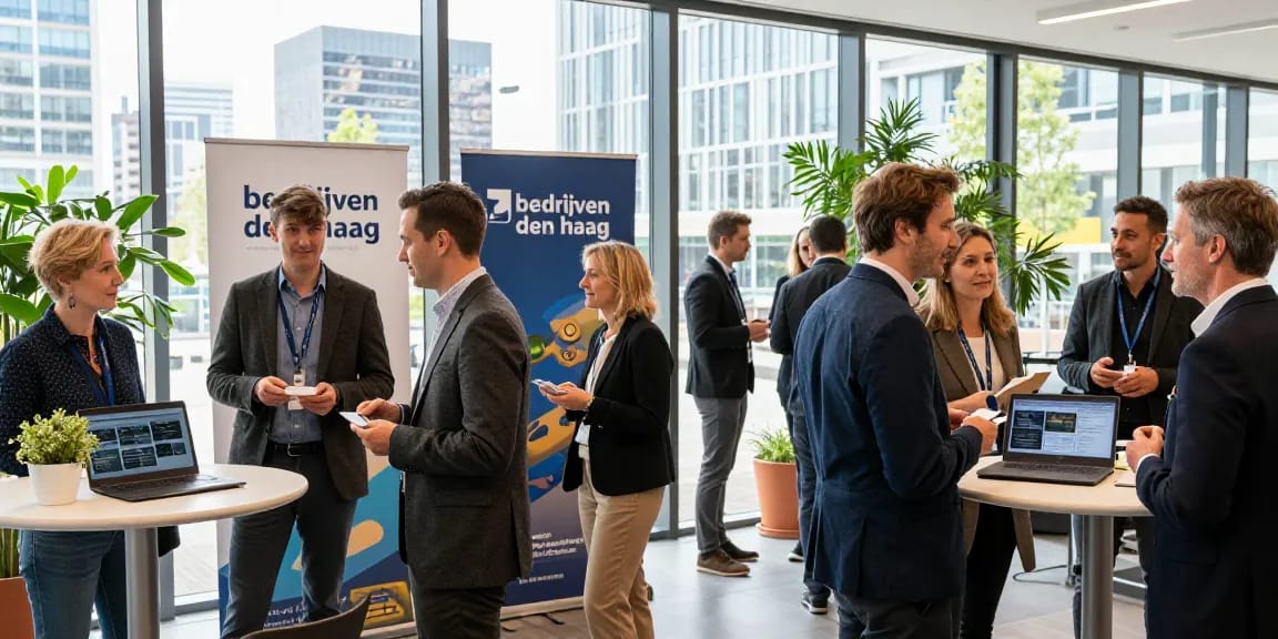 Networking professionals discussing bedrijven den haag at urban event