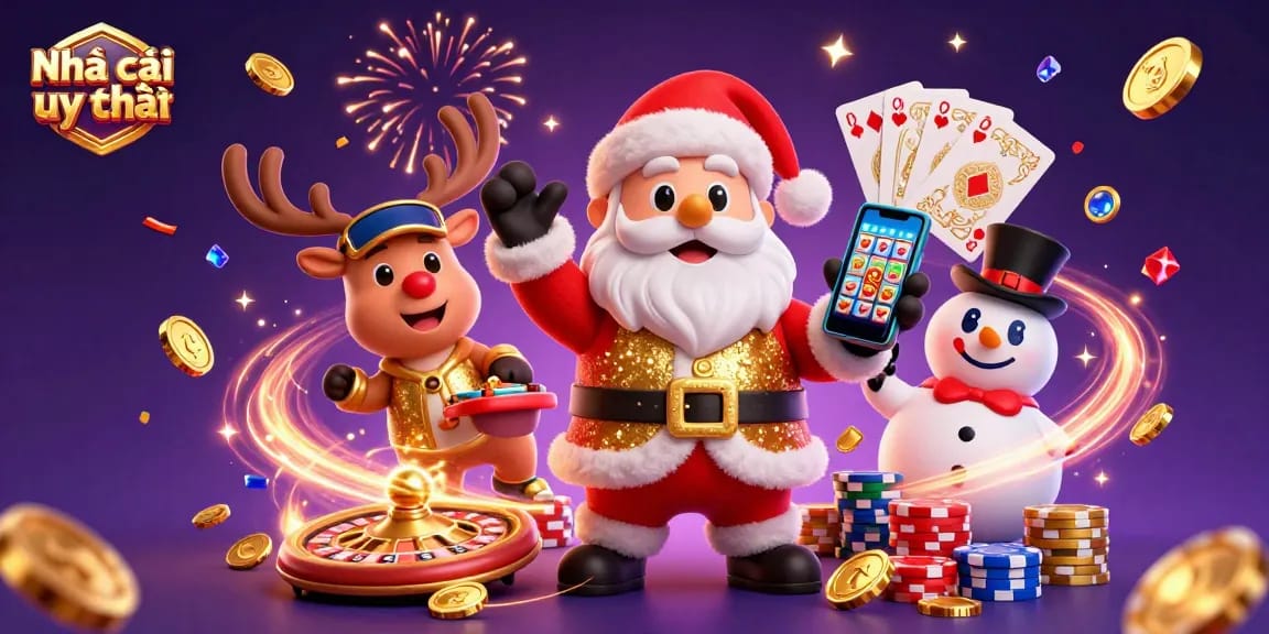 Experience excitement at Nhà cái uy tín with dynamic casino illustration of Santa celebrating wins.