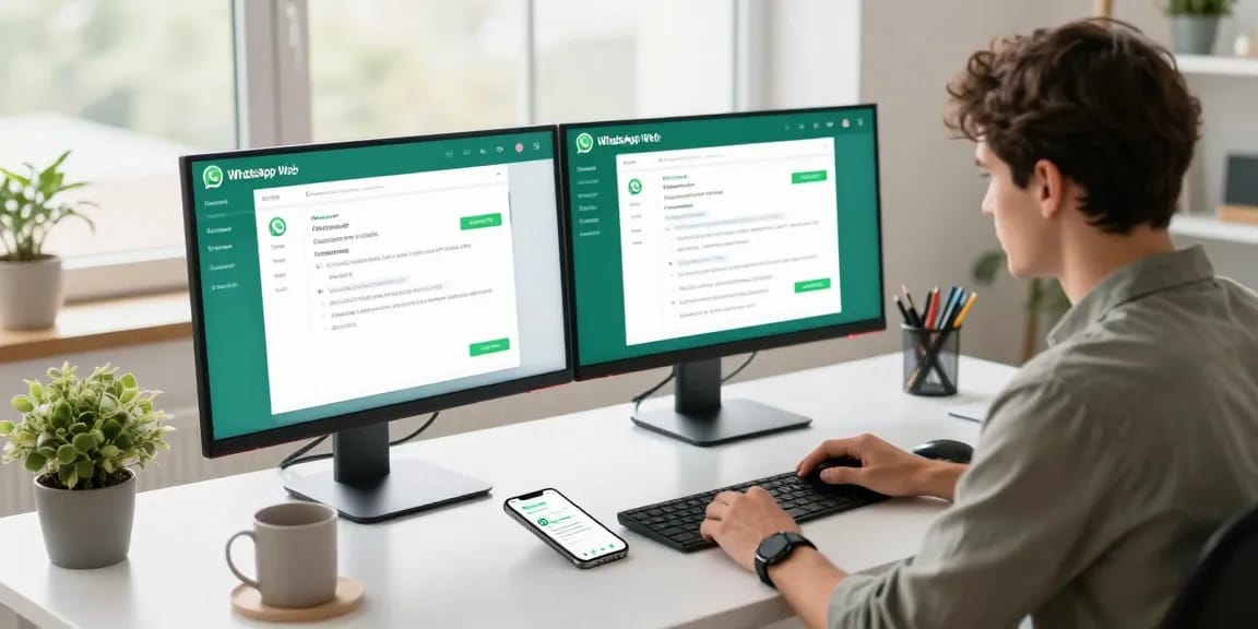 Engaged user navigating WhatsApp網頁版 on dual monitors in a modern office.