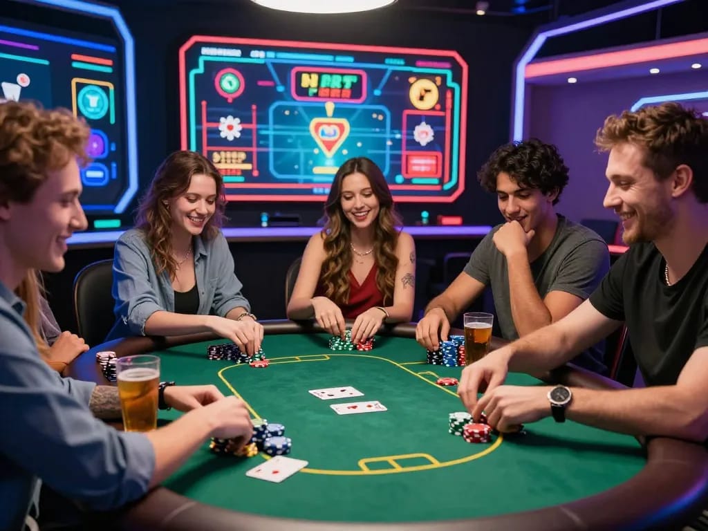 Exciting online gaming moment showcasing a diverse group of friends enjoying Link vào Topbet at a virtual casino table