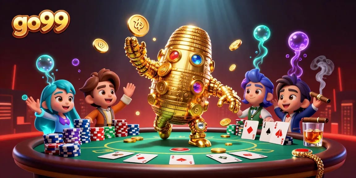 Experience the thrill of go99's dynamic gaming with illuminated poker elements in this 3D illustration.