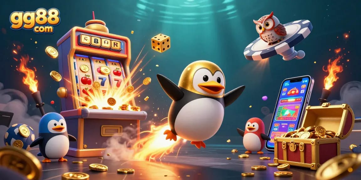 Experience excitement with gg88 com as a golden penguin races through space towards a jackpot casino!