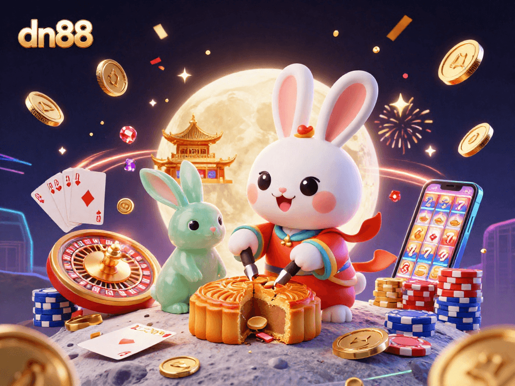 Spin to win big with dn88; vibrant 3D casino scene featuring a moon rabbit and poker chips.