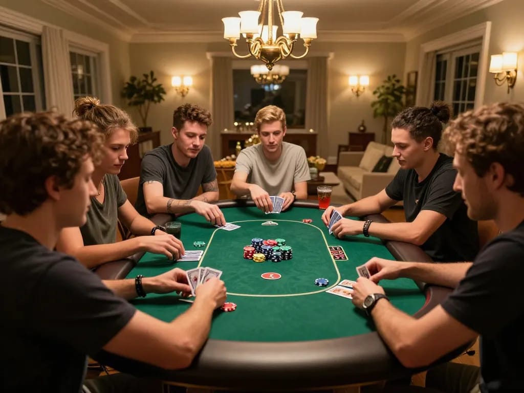 Friends playing poker at home showcasing trực tiếp đá gà excitement and strategy in a warm, engaging atmosphere.