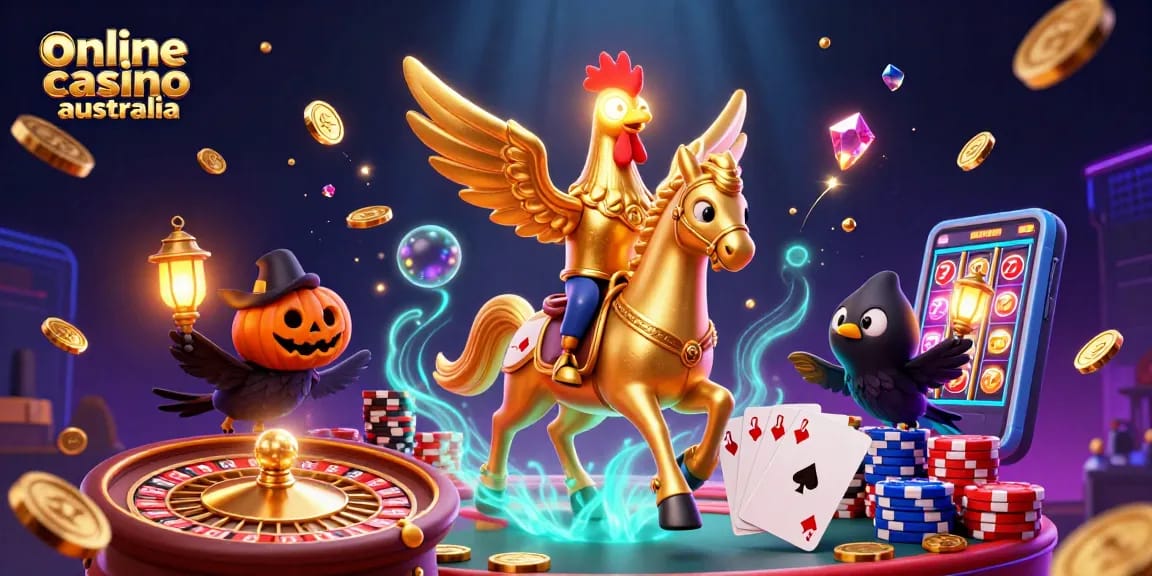 Experience vibrant play at an online casino Australia with a golden rooster and gaming elements.