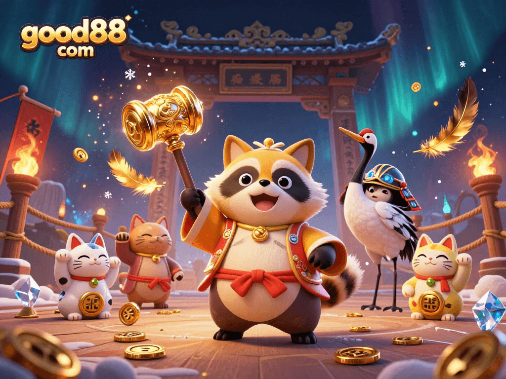 Play at good88 com and meet the cheerful tanuki and friends in a vibrant 3D casino scene filled with excitement.
