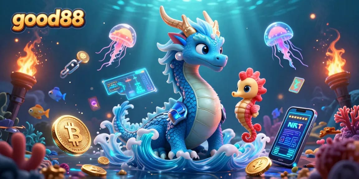 Join the underwater adventure at good88, where a dragon, seahorse knight, and jellyfish celebrate gaming excitement.