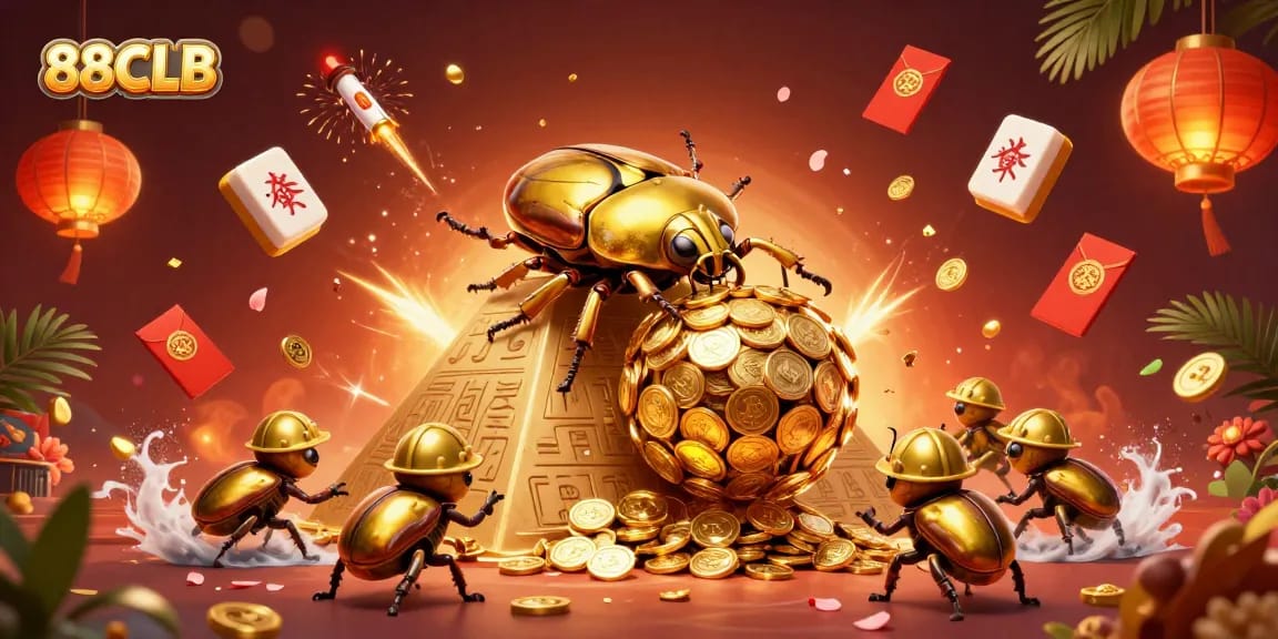 Experience the excitement of 88CLB as golden beetles roll coins under a stunning casino pyramid.