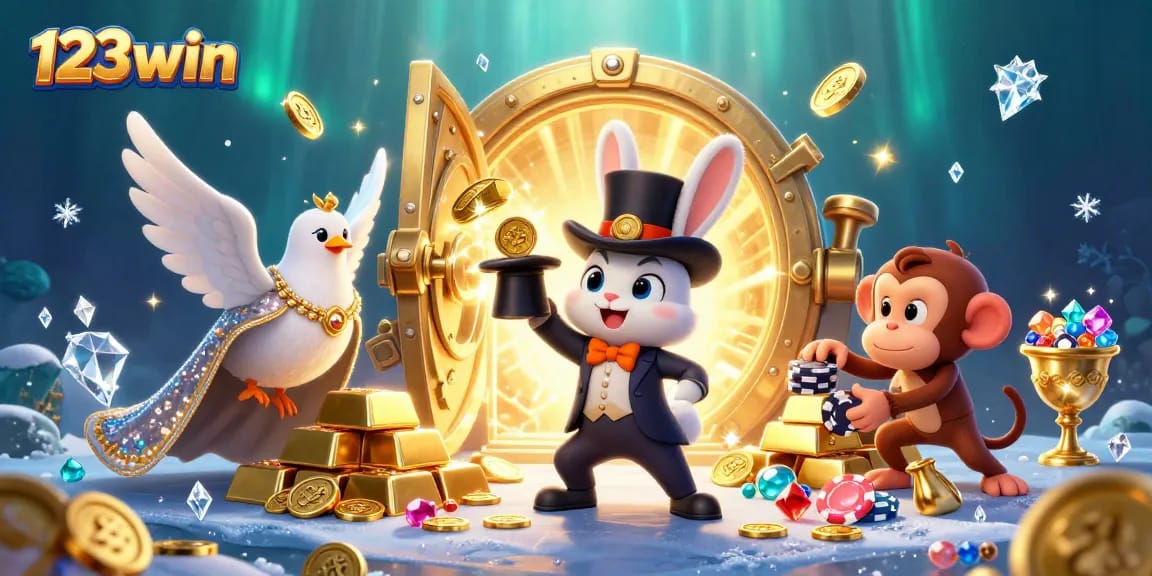 Engage in thrilling play with 123win's vibrant casino scene featuring dazzling magical characters and treasures.